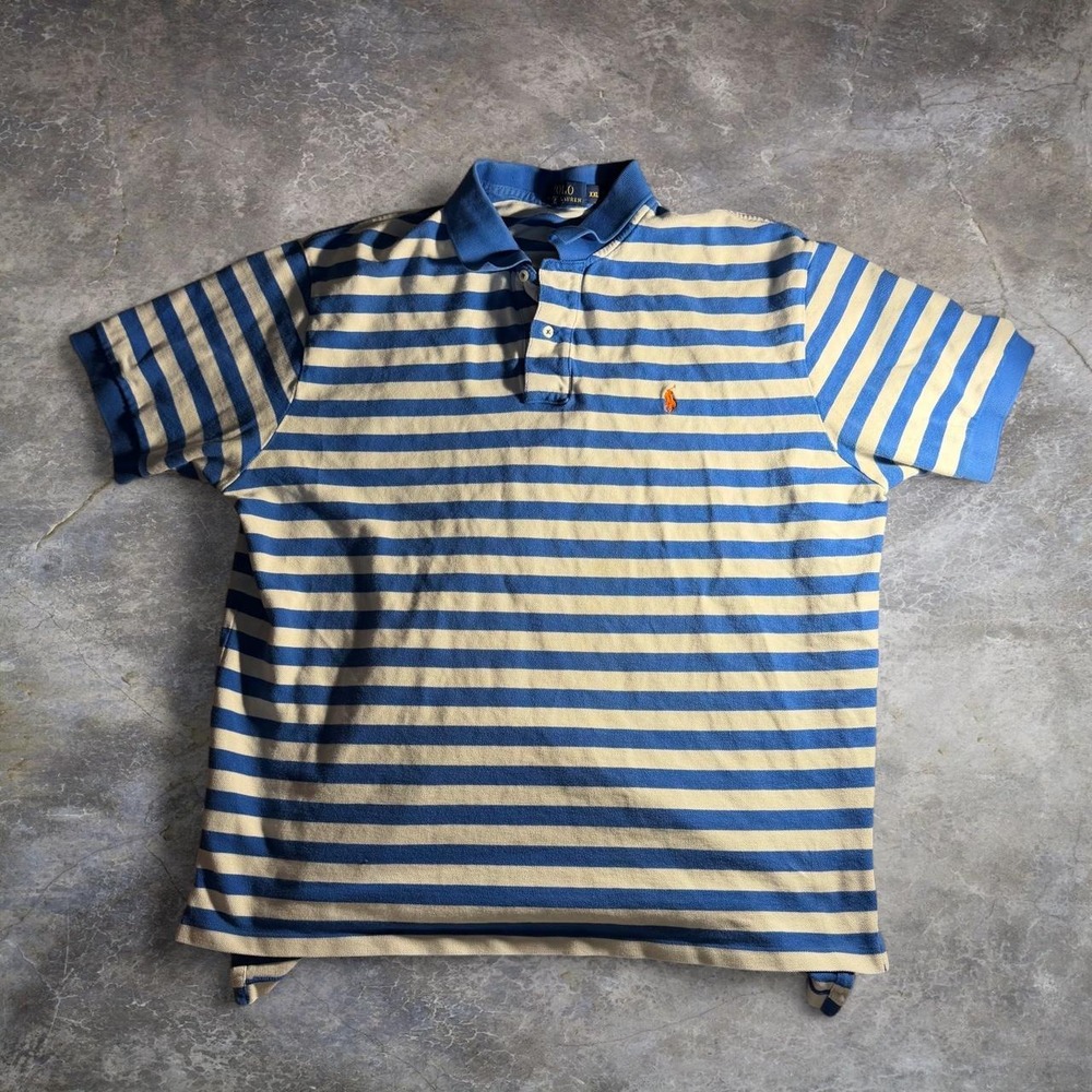 Polo Ralph Lauren Mens XXL Blue White Striped Short Sleeve Pique Polo Shirt